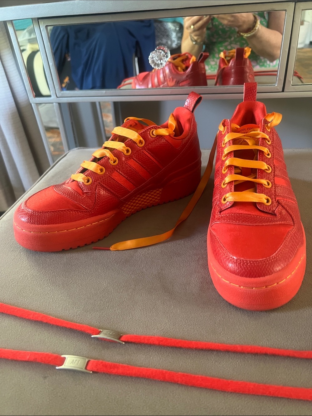 adidas Orange + Red SEED Sneakers with orange ribbon laces + red standard laces.